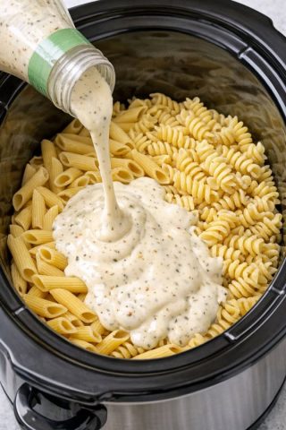 Zalej makaron w wolnowarze kremowym włoskim dressingiem z butelki i dodaj tylko 3 dodatkowe składniki, a otrzymasz łatwy do przygotowania obiad, który smakuje jak sos.