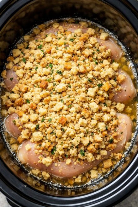 Put raw chicken breasts in the slow cooker, pour dry stuffing mix over the top, and get a meal so delicious your family will be begging for more.