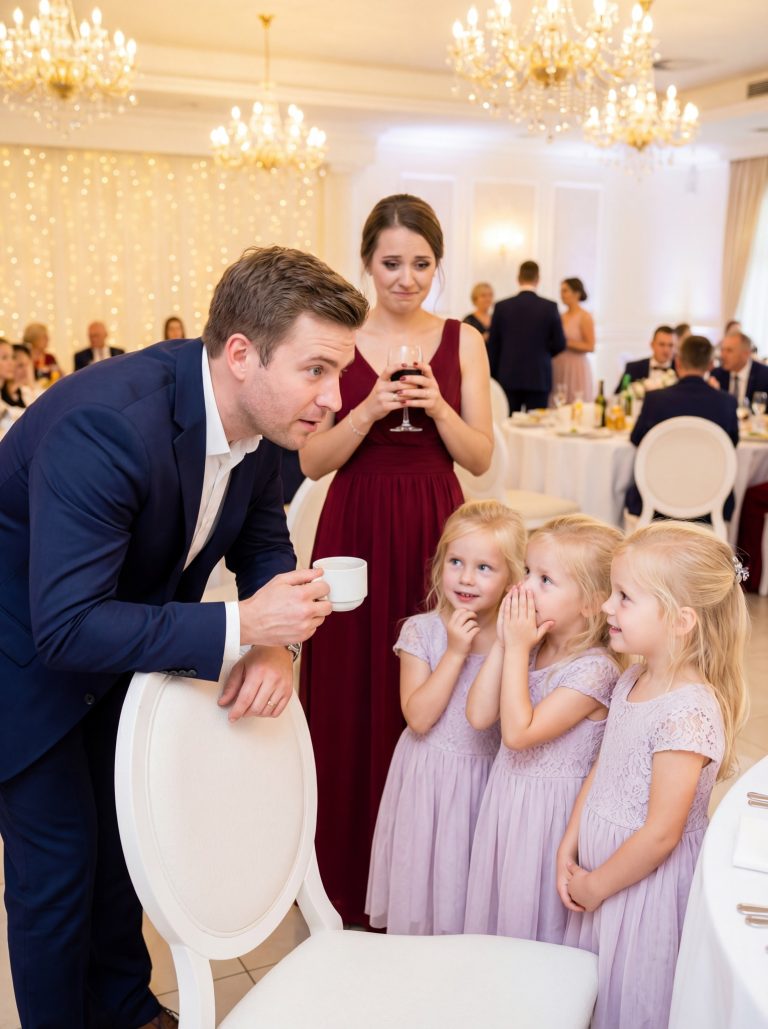 Wdowiec siedział sam na weselu, aż trzy małe dziewczynki szepnęły: „Udawaj, że jesteś naszym tatą, żeby nasza mama nie siedziała sama” — to, co zaczęło się jako przysługa, stało się rodziną, jakiej nigdy nie planował